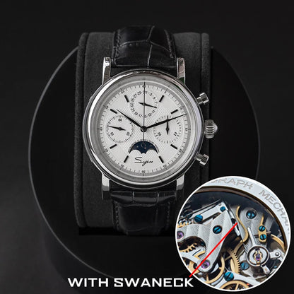 Sugess Men Watch ST1908 Swanneck Movement Mechanical Chronograph Wristwatch Genuine Moonphase Calendar Vintage Leather NEW 2023