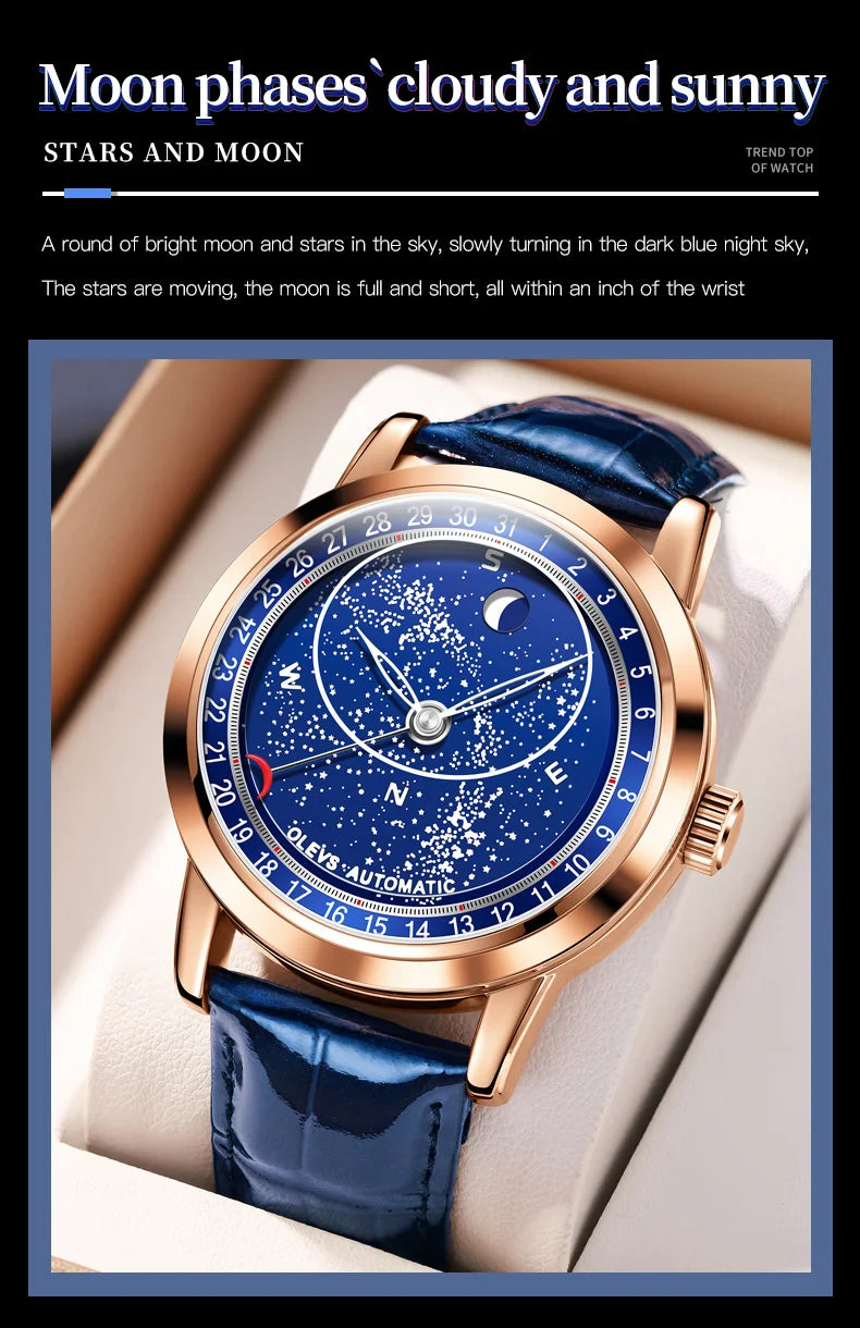 OLEVS 9923 Men's Watches Moon Phase Automatic Mechanical Watch for Man Blue Leather Luxury Dress Waterproof Luminous Wristwatch