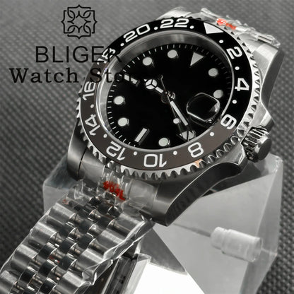 BLIGER 40mm 515 24H GMT Men's Watch Stainless Steel Clasp Luminous Quartz Movement Ceramic Bezel Sapphire Glass 10Bar Waterproof