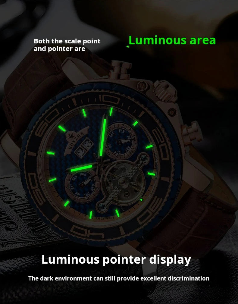 BOYZHE Brand Luxury Tourbillon Mechanical Watch Men Sports Leather Strap Waterproof Classic Date Week Automatic Sapphire Watches