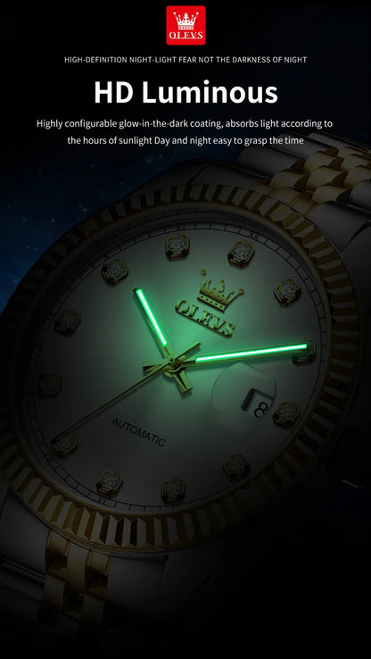OLEVS New Automatic Watches Man Original Luxury Diamond Dial Stainless Steel Waterproof Auto Date Mechanical Watch for Men 6743