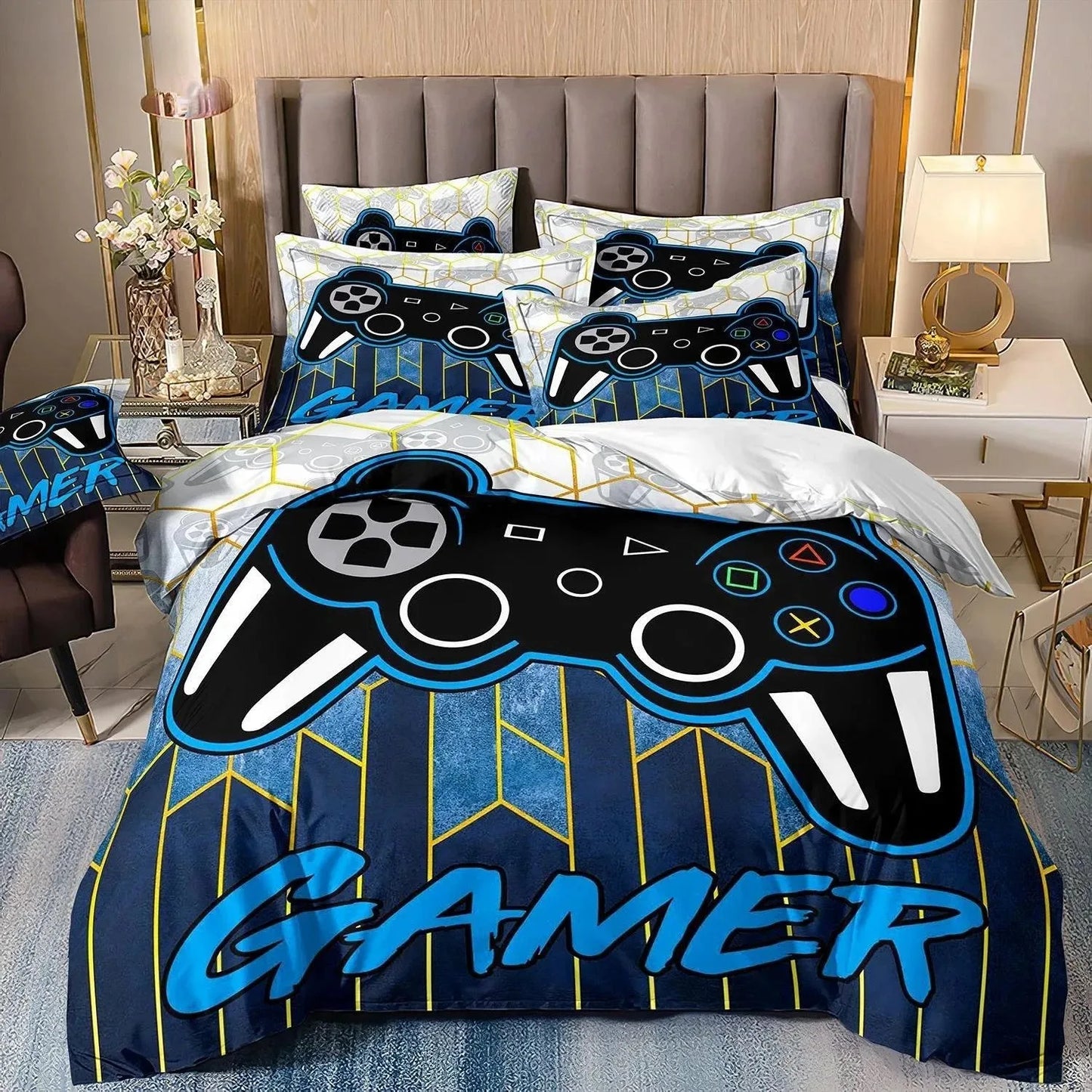 Set biancheria da letto gaming per bambino, copripiumino Queen ispirato ai videogiochi, copripiumino con design PlayStation per ragazzi e uomini giovani
