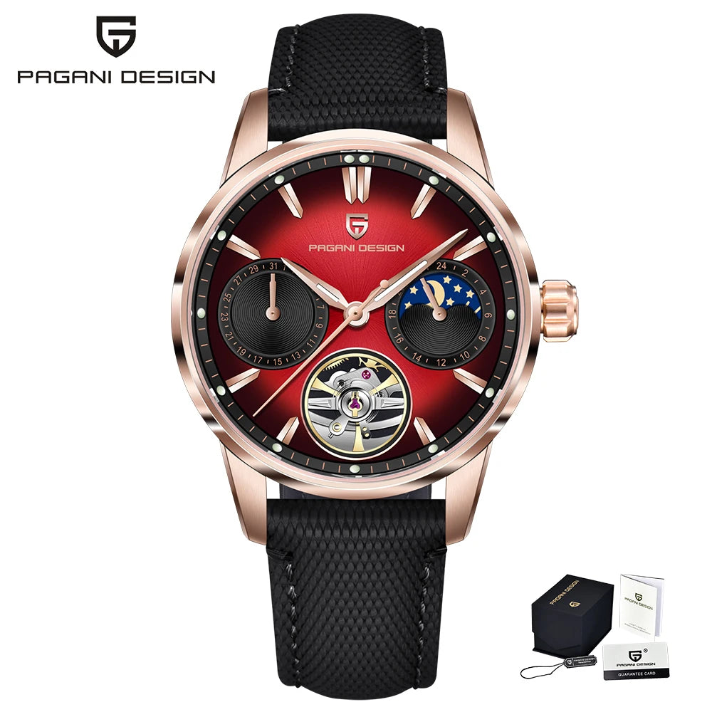 PAGANI DESIGN – Mekanisk lyxklocka för män, 41 mm, safirglas, läderarmband, vattentät, pilotstil, med tourbillon och månfas