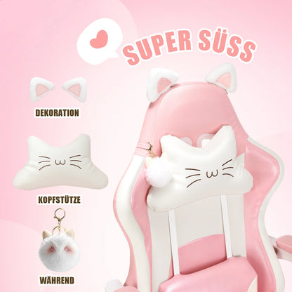 Sedia da gaming con orecchie da gatto, poltrona da computer con poggiapiedi e supporto lombare, sedia da gioco regolabile in altezza, seduta girevole a 360°