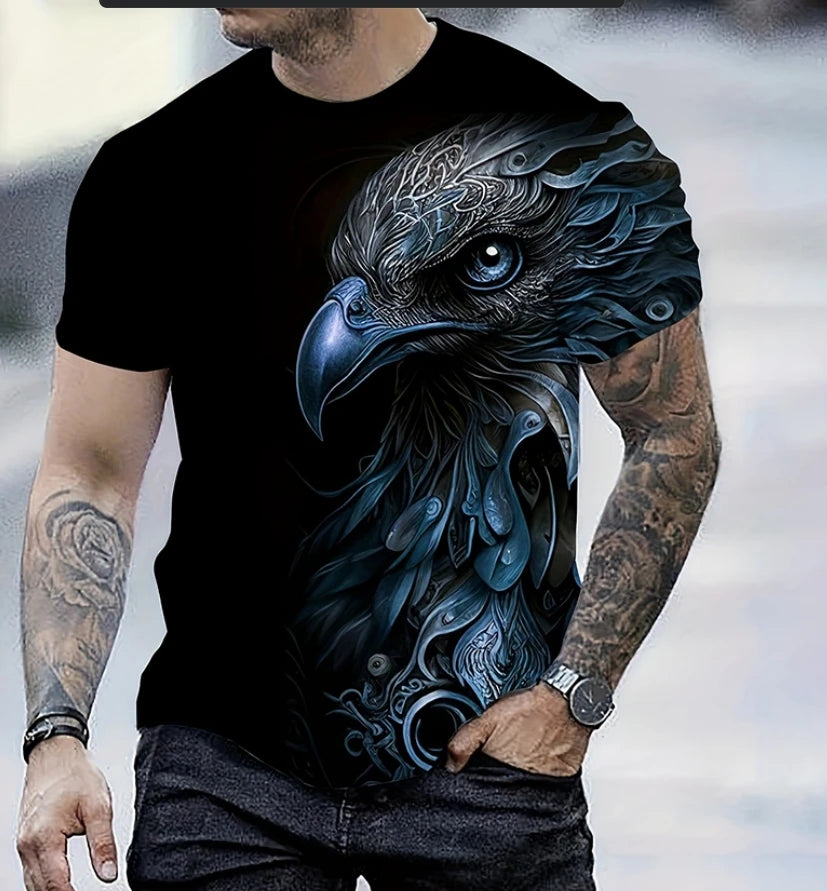 T-shirt de Verão para Homem com Estampado 3D de Águia, Manga Curta, Lazer Outdoor, Secagem Rápida e Respirável