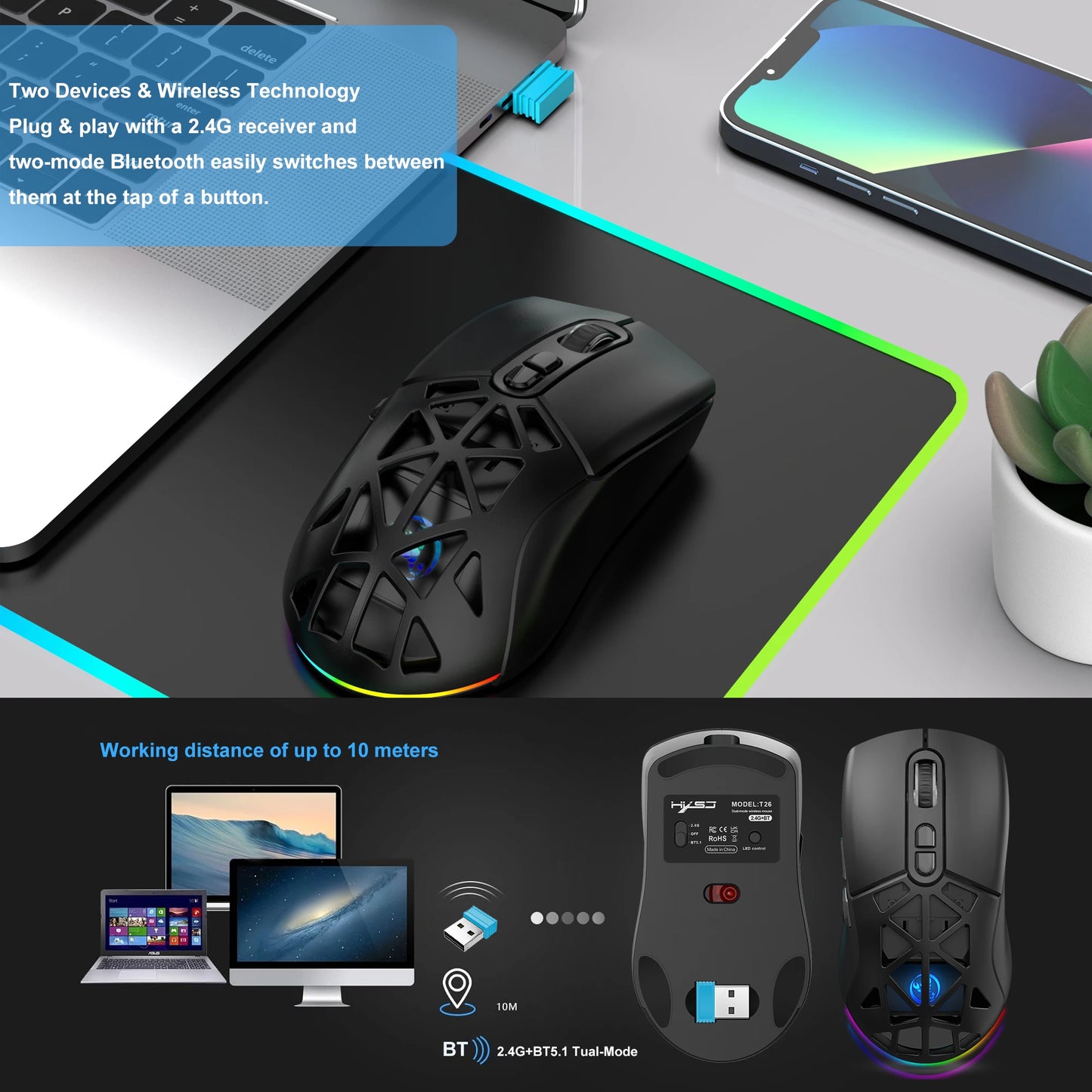 Ratón gaming HXSJ T26 de doble modo 2.4G+BT5.1, inalámbrico para portátil, 4800DPI ajustables, óptico, ergonómico para gamer