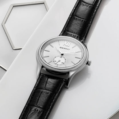 BERNY Watches for Men Luxury Slim Classic Stylish Dress Quartz Watch Stainless Steel Case Elegance Leather Band Wristwatch