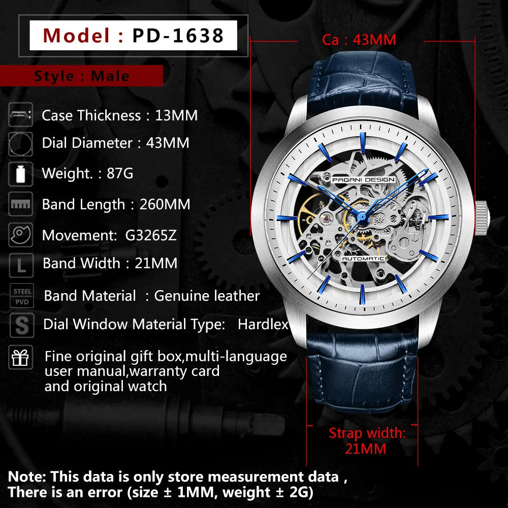 PAGANI DESIGN New Skeleton Men's Mechanical Watches Top Luxury Automatic Watch Men Blue Leather Waterproof Wrist watch Men