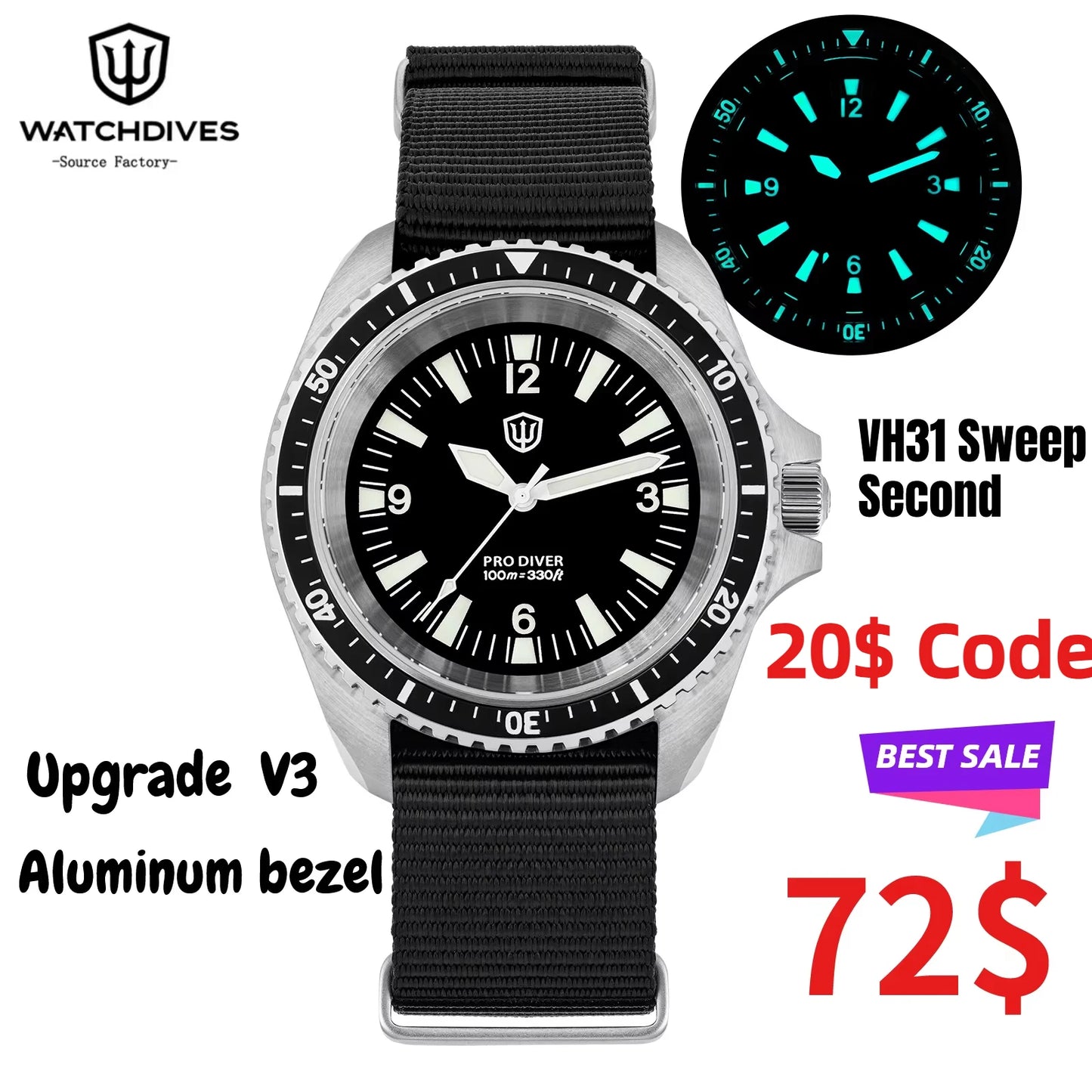 Reloj de lujo Watchdives WD1980 V3 con movimiento de cuarzo VH31 de segundero fluido, cristal de zafiro con revestimiento AR, resistencia al agua 10Bar, reloj para hombre