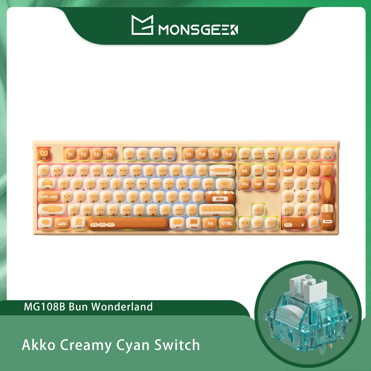 Teclado mecánico inalámbrico Akko MonsGeek MG108B Bun Wonderland, perfil MOG, RGB, 108 teclas, tamaño completo, hot swap, USB / 2.4G / BT 5.0