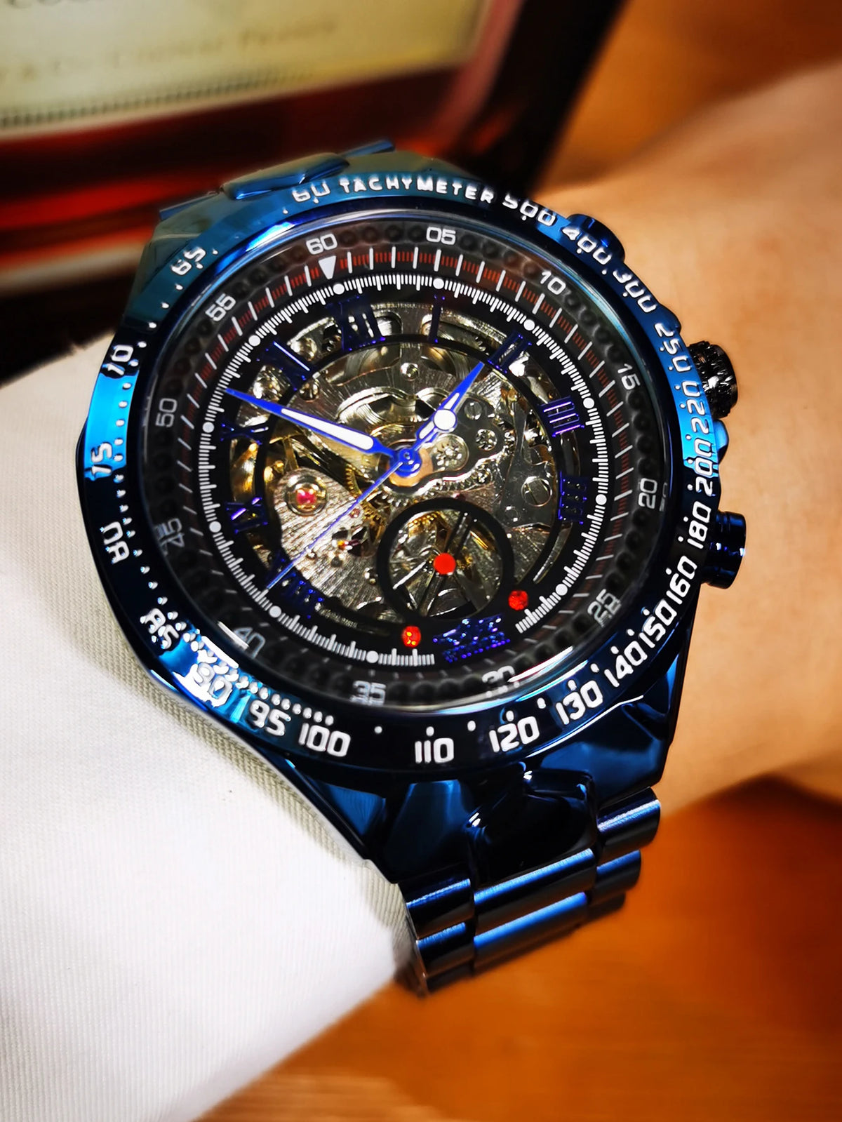 WINNER automatisch herenhorloge – Transparant skeletmodel, lichtgevende wijzers, roestvrijstalen band, mechanisch horloge van een luxemerk