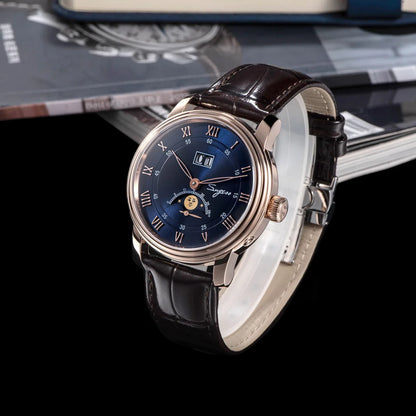 Sugess Moonphase Watch of Men 40mm Automatic Mechanical Wristwatches Seagul ST2528 Movement Stainless Steel Blue Sandstone Dial
