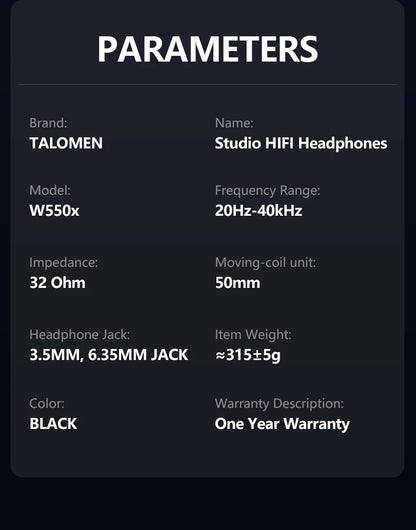 Auriculares de estudio TALOMEN W550x – Auriculares profesionales de monitorización para DJ, circumaurales y con cable, con transductores de 50mm y cable desmontable
