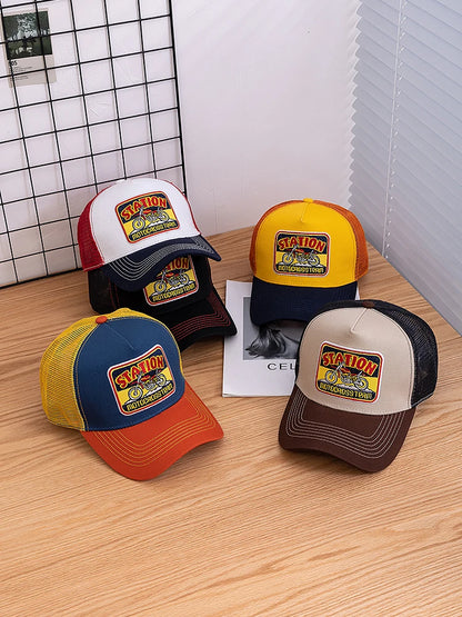 Unisex-mesh-trucker-kasket med klassisk motorcykelmønster, åndbar sommer-baseballkasket, streetwear-kasket til mænd og kvinder