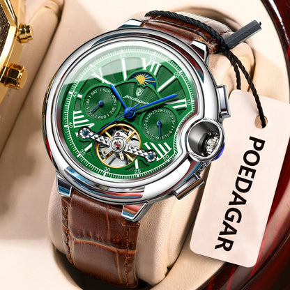 Pánské hodinky POEDAGAR, luxusní a profesionální styl, s ukazatelem data a dne v týdnu, tourbillonem, pouzdrem z nerezové oceli, automatickým mechanickým strojkem a vodotěsností.