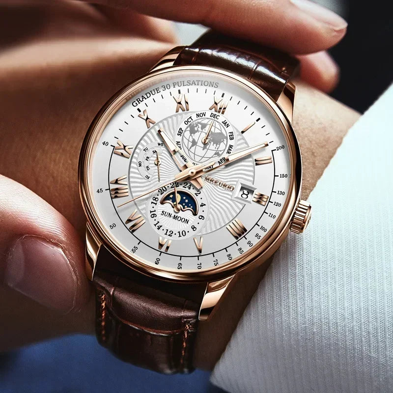 Men’s Luxury Sport Quartz Watch -  Waterproof Luminous Dial, Leather Strap & Date Display