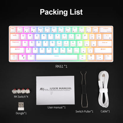 Teclado Mecânico Gaming RK Royal Kludge RK61 2.4G Sem Fios Bluetooth Tri-Mode 61 Teclas RGB Retroiluminado Mini Hot-swappable