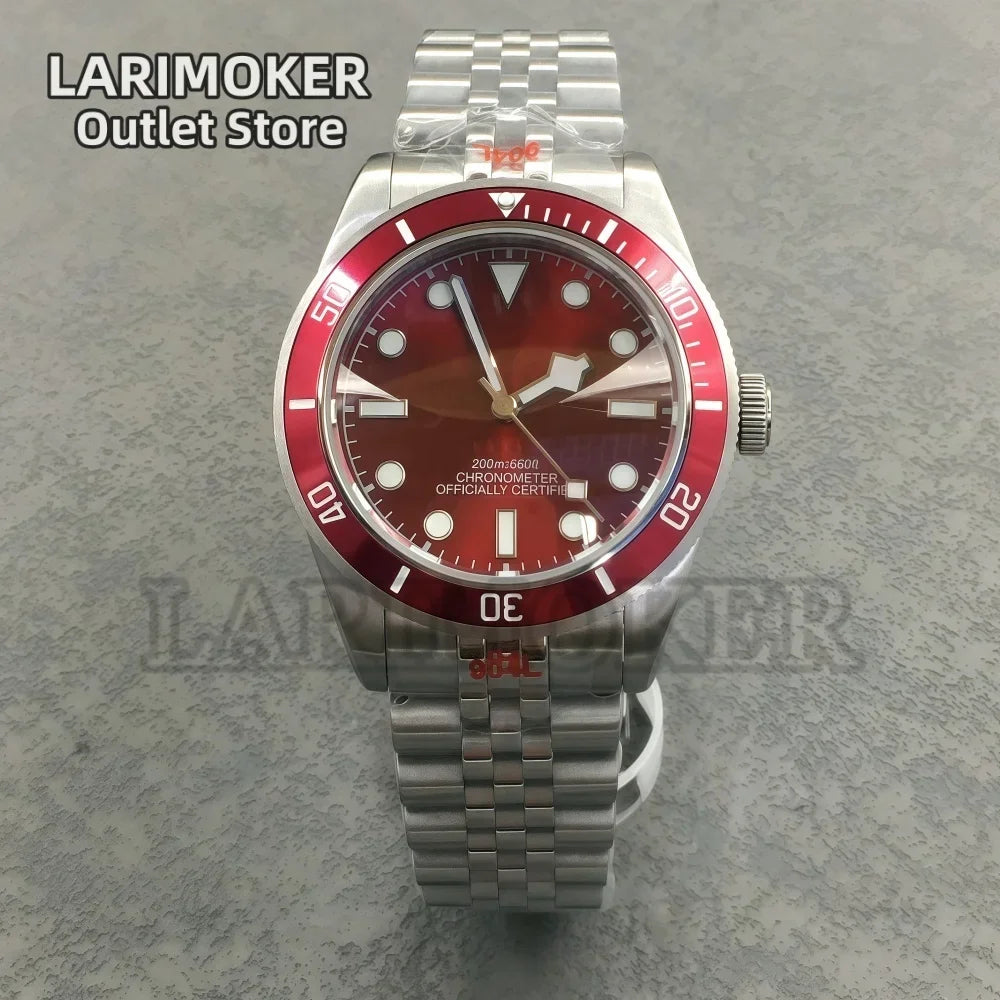 LARIMOKER NH35 39mm Automatic Men's Watch Domed Sapphire Glass 100m Diving Vintage Wine Red Insert Dial Super Luminous Watch
