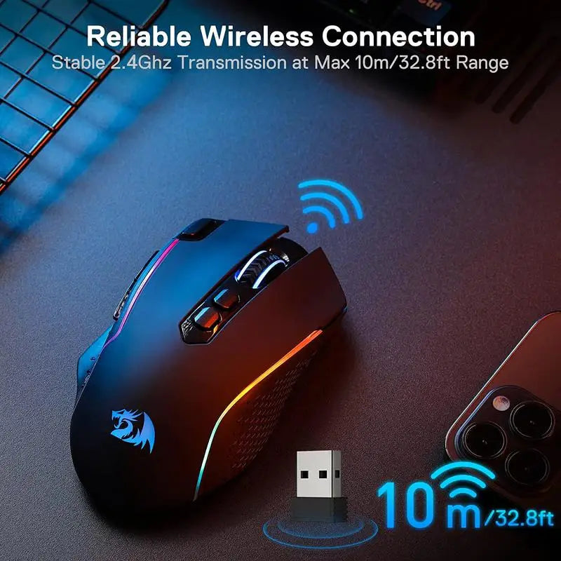Rato Gaming Sem Fios Redragon M810 Pro, 10000 DPI, Rato Gamer com Fio c/ Tecla de Disparo Rápido, 8 Botões Macro, Preto/Branco