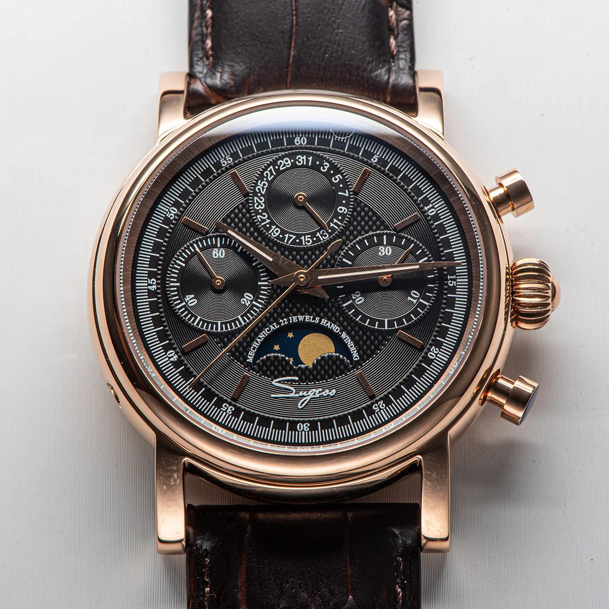 Sugess Men Watch ST1908 Swanneck Movement Mechanical Chronograph Wristwatch Genuine Moonphase Calendar Vintage Leather NEW 2023