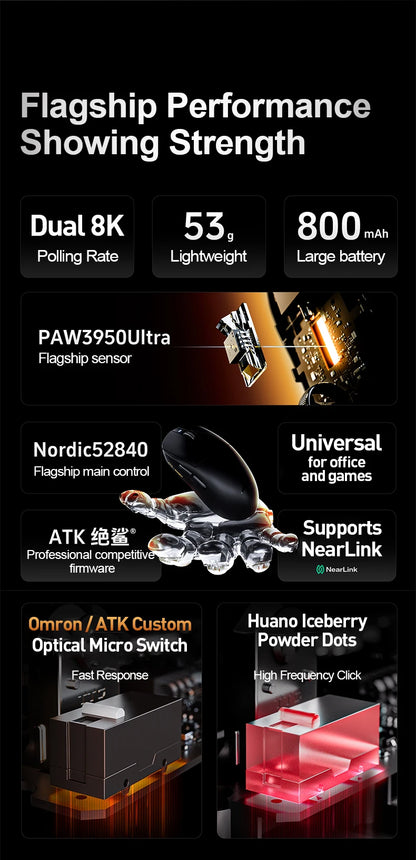 Ratón gaming inalámbrico ATK Dragonfly A9 Ultra PAW3950, ultraligero, trimodo, ergonómico, para esports y jugadores FPS, A9 SE Plus