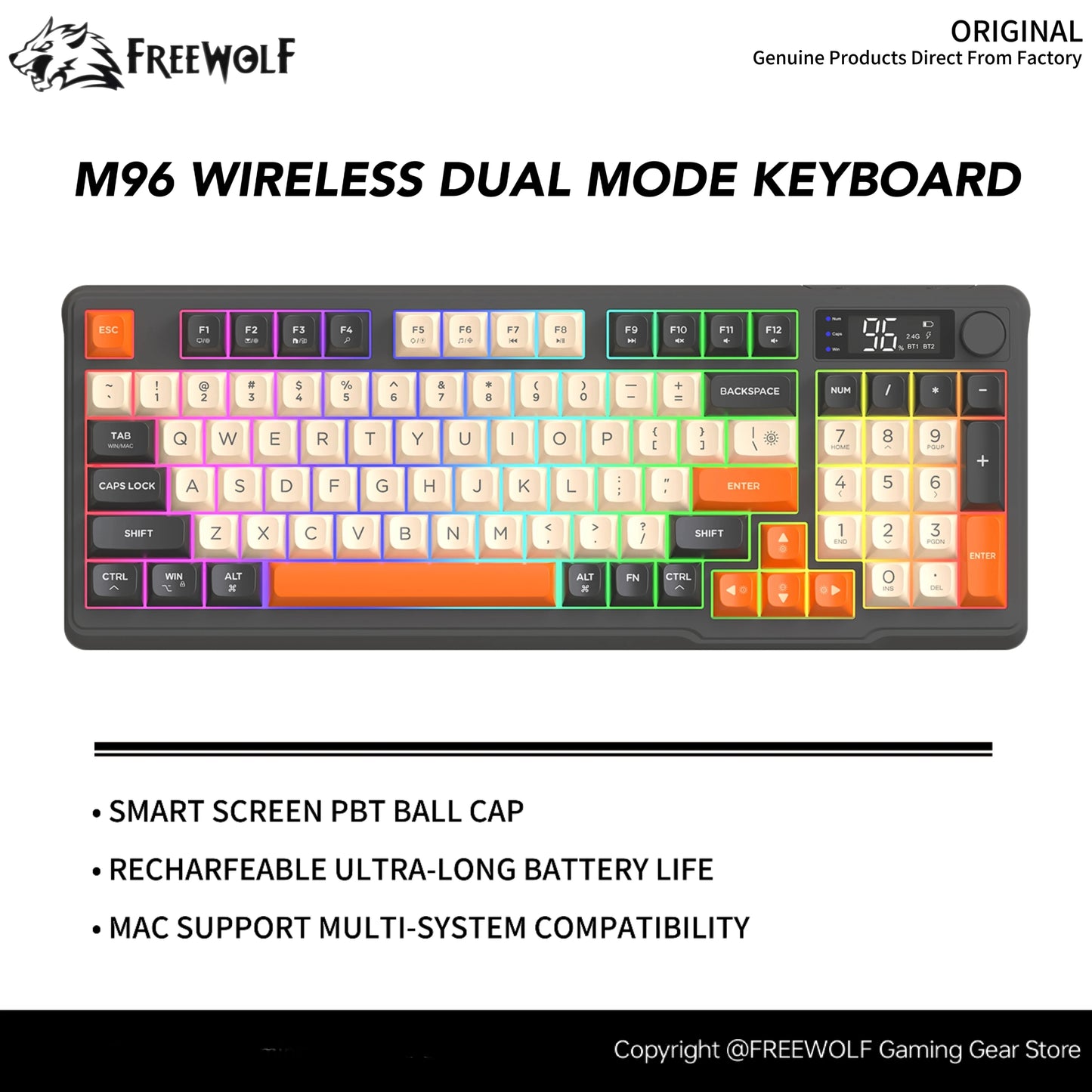 Teclado Sem Fios Bluetooth M96 FREEWOLF com Ecrã Digital, Retroiluminação RGB, Bateria de 2000mAh e Teclas PBT para PC/Portátil