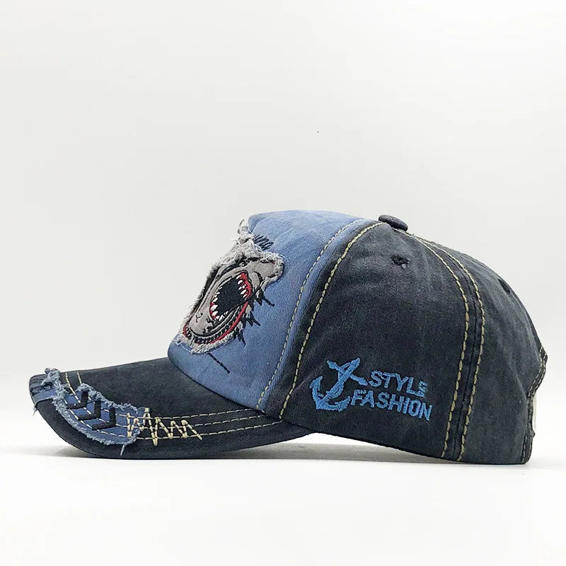 Trendy Shark Pattern Washed Baseball Cap for Men Women, Outdoor Fishing Sun Hat, Unisex Vintage Hip Hop Flat Brim Caps