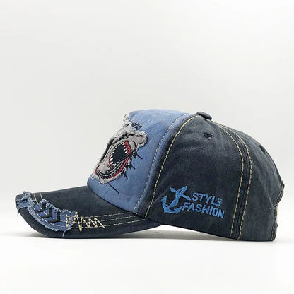 Trendy Shark Pattern Washed Baseball Cap for Men Women, Outdoor Fishing Sun Hat, Unisex Vintage Hip Hop Flat Brim Caps
