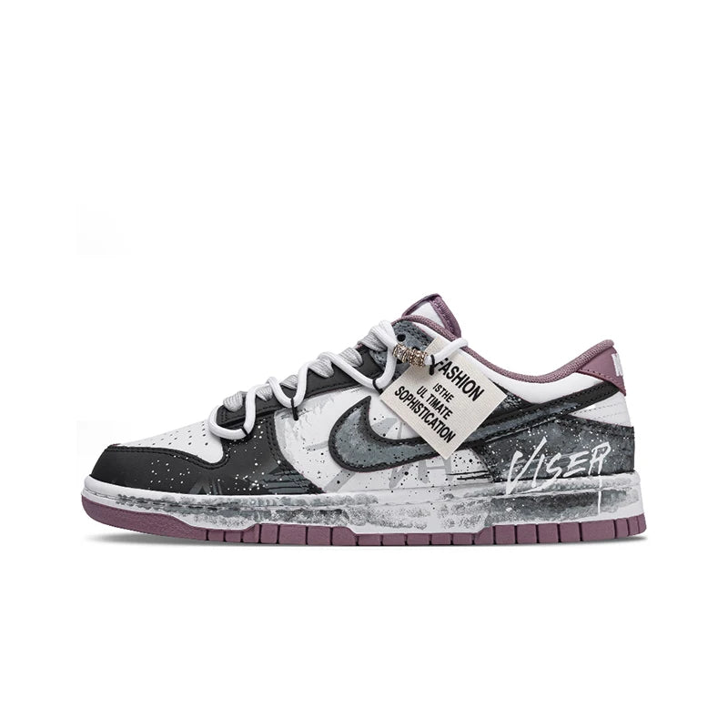 Zapatillas personalizadas Nike Dunk: zapatillas de skate bajas, modernas y oscuras con diseño de grafiti de un páramo postapocalíptico para hombre
