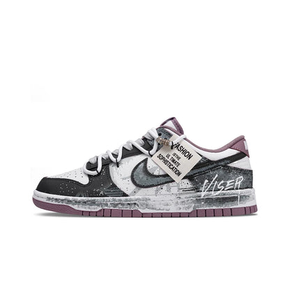 Zapatillas personalizadas Nike Dunk: zapatillas de skate bajas, modernas y oscuras con diseño de grafiti de un páramo postapocalíptico para hombre