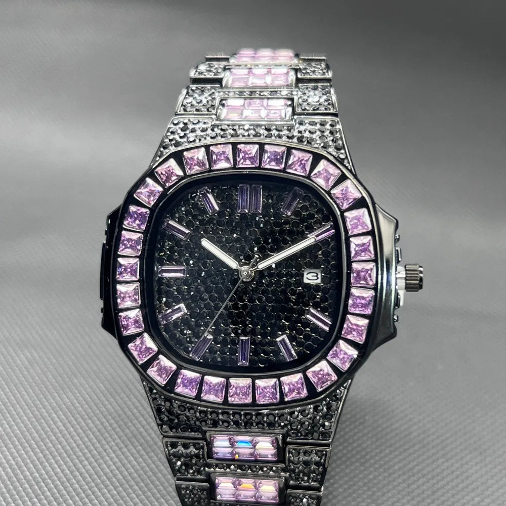 MISSFOX Luxury Watch For Men Rose Iced Out Diamond Hip Hop Quartz Waterproof Clock Men Square Diamond Male Watch 2026 New