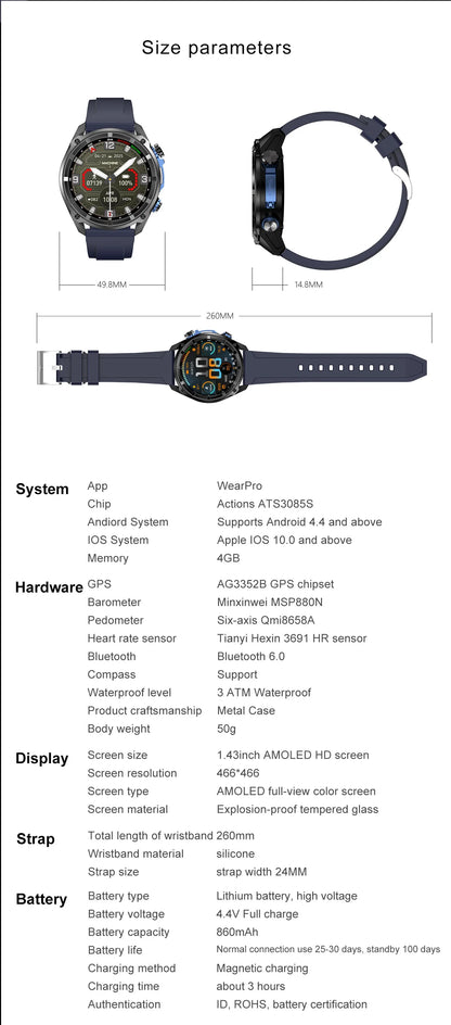 New Men TANK GPS Map Smart Watch Outdoor Compass 1000mAh Large Battery 10ATM Waterproof Bluetooth Call Sports AMOLED Smartwatch