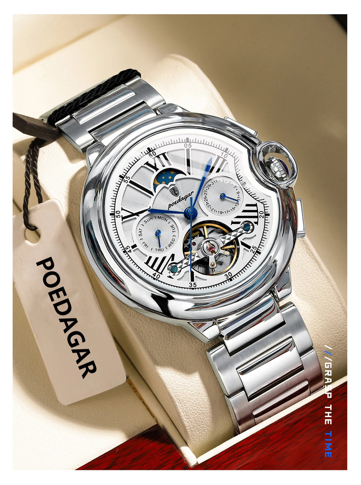 Pánské hodinky POEDAGAR, luxusní a profesionální styl, s ukazatelem data a dne v týdnu, tourbillonem, pouzdrem z nerezové oceli, automatickým mechanickým strojkem a vodotěsností.