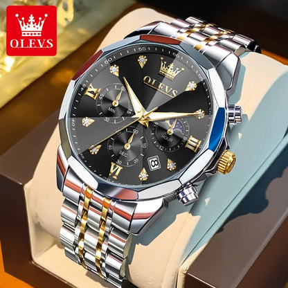 Montre homme OLEVS 3670, élégante, à phase de lune, à quartz, étanche, lumineuse, automatique, date, en acier inoxydable