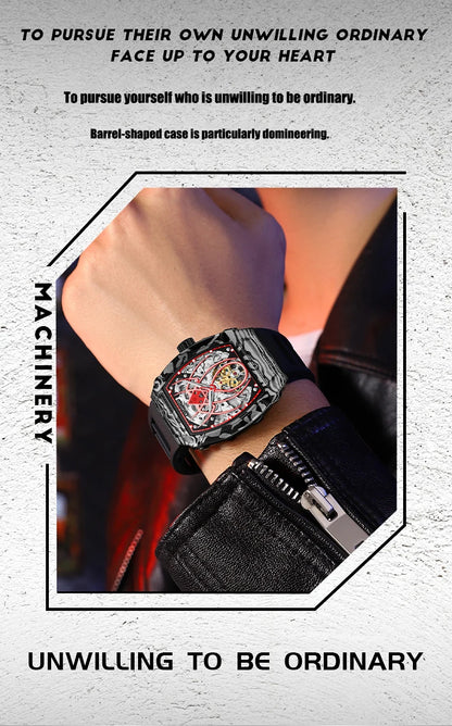 MUSANFIGO automatic hollow mechanical watch, barrel shaped fashionable men's trendy watch, luminous waterproof watch
