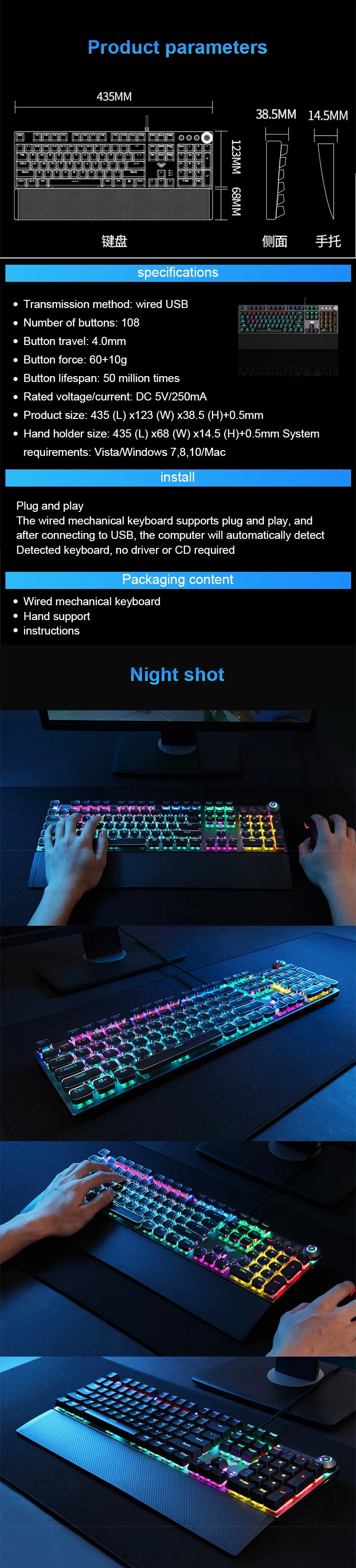 Teclado mecánico AULA F2088 con cable para gaming, perilla multifunción, 104 teclas, retroiluminación mágica y programación de macros para ordenador
