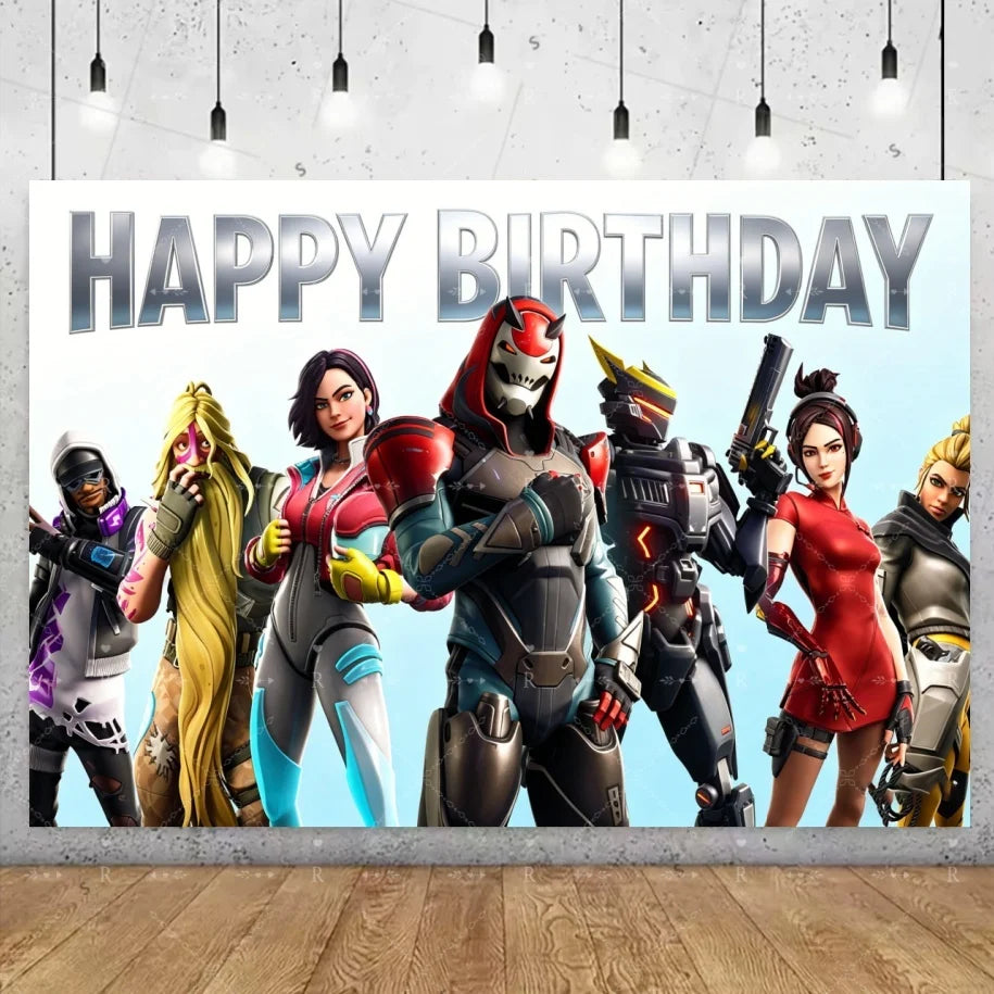 Fundo decorativo de aniversário com tema Fortnite — banner gamer Fortnite para meninos e meninas, pano de fundo para fotografia e presente para crianças