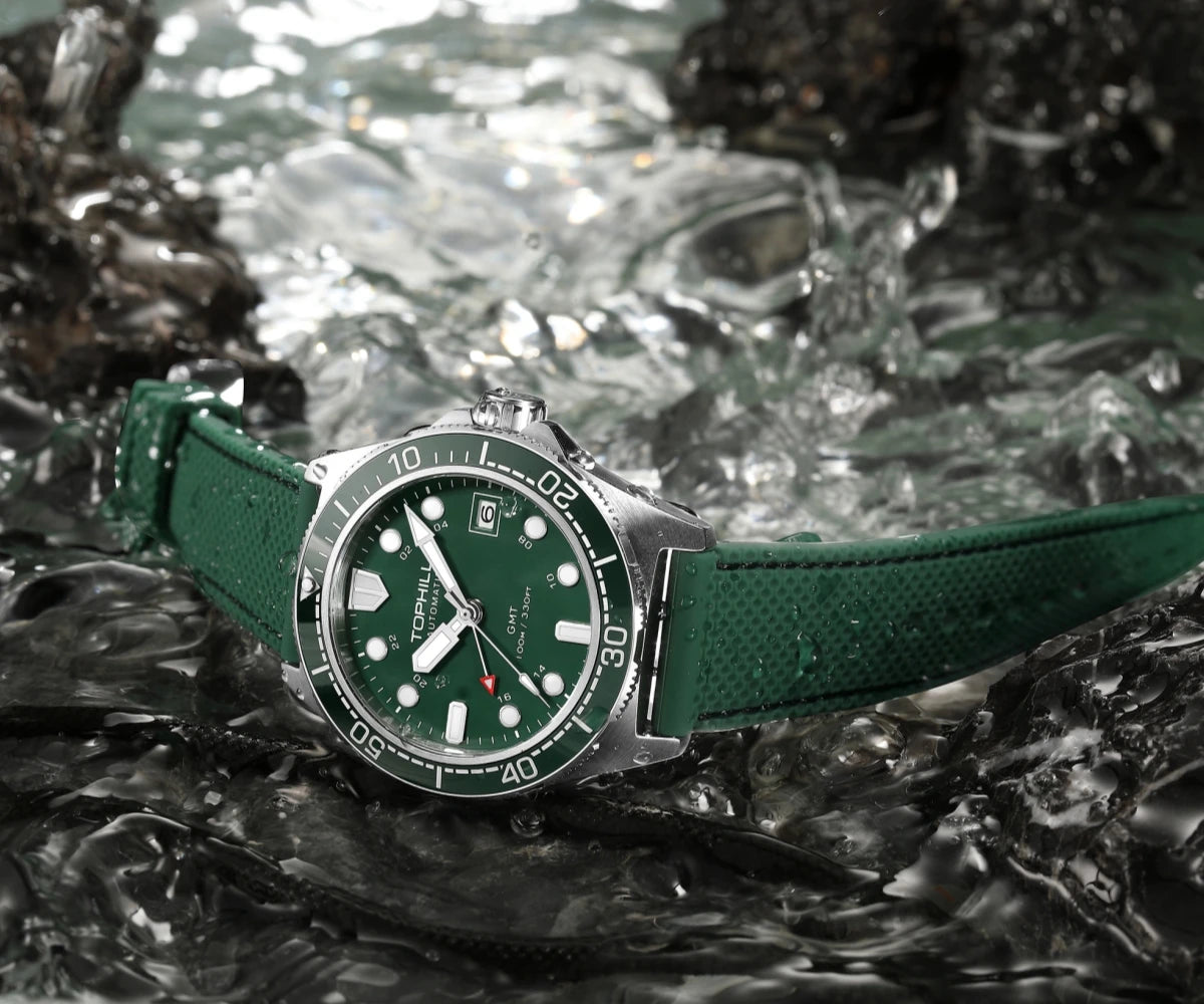 Tophill 39.5mm Automatic NH34 GMT Watch Swim 3H Date Window Mechanical C3 Green Lume 100M Waterproof Sapphire Crystal TD011G