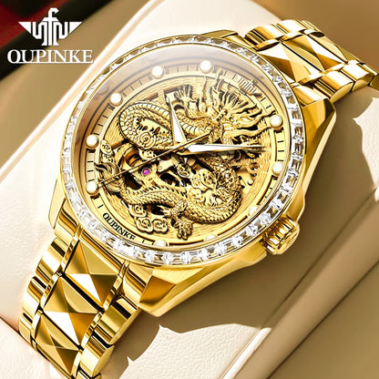 OUPINKE Orologio da uomo Top Brand di lusso in oro e acciaio al tungsteno, orologio da polso meccanico automatico originale con quadrante con motivo drago