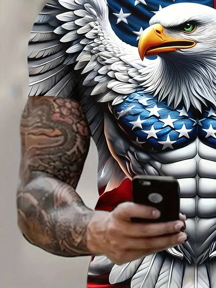 T-shirt patriótica para homem com estampado 3D de águia, gola redonda, manga curta, estilo casual, para verão, moda, atividades ao ar livre e vestuário masculino