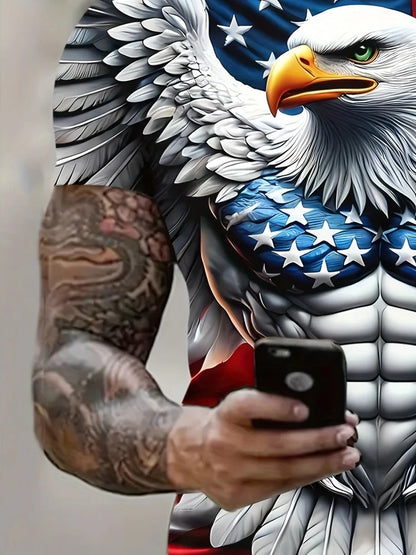 T-shirt patriótica para homem com estampado 3D de águia, gola redonda, manga curta, estilo casual, para verão, moda, atividades ao ar livre e vestuário masculino