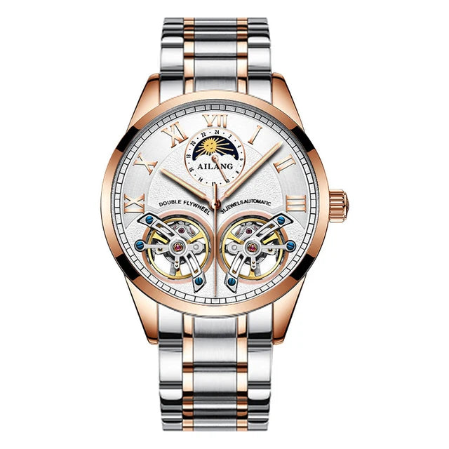 AILANG Double Tourbillon Design Business Men Mechanical Watch Fashion Leather Moon Phase Automatic Watches for Men Reloj Hombre