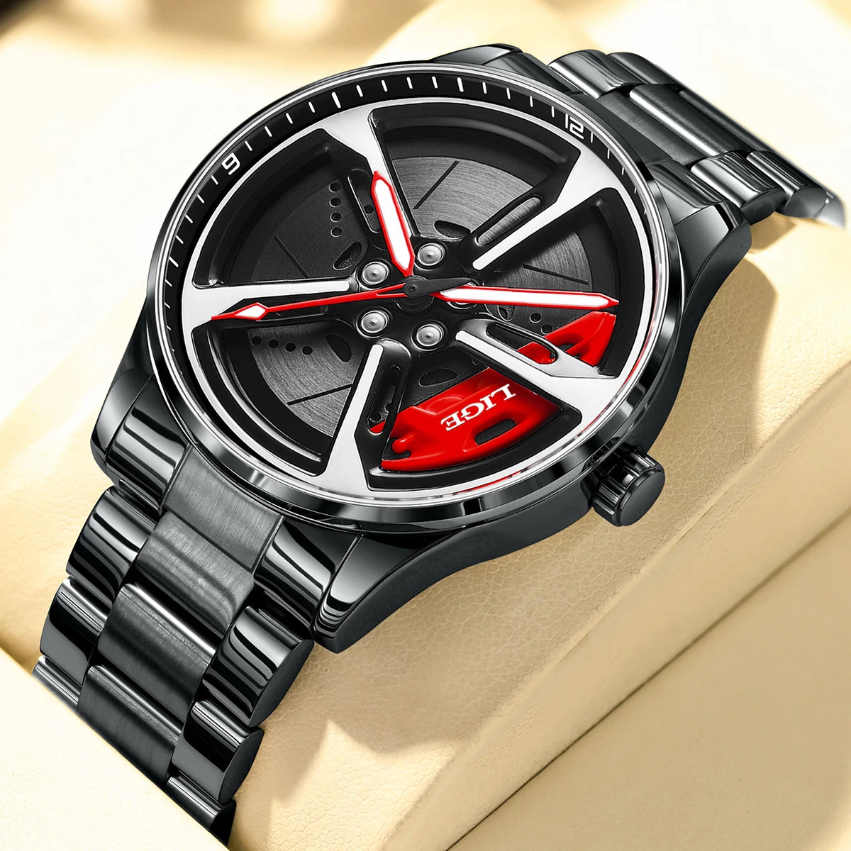 LIGE New Sport 3d Car Wheel Rim Hub Watch Fashionable Rotating Dial Stainless Steel Strap Waterproof Quartz Watches reloj hombre