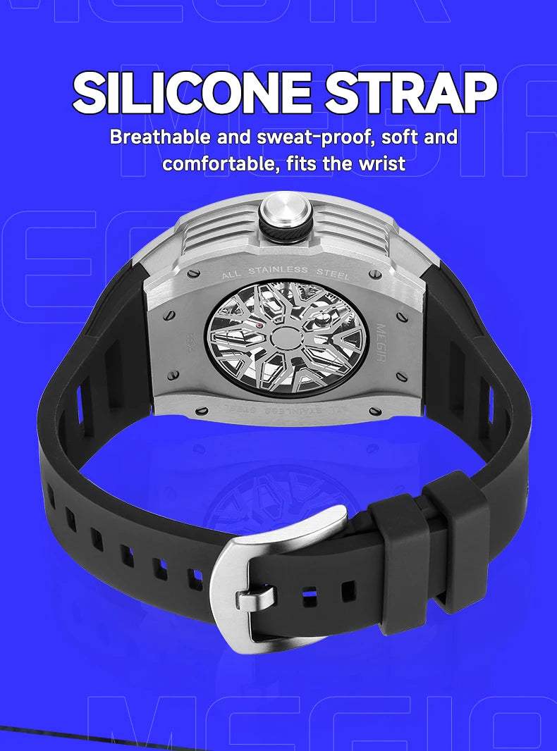 MEGIR Men's Automatic Mechanical Watch with Stainless Steel Case Sillicone Strap Fashion Waterproof Luminous Wristwatch 8604