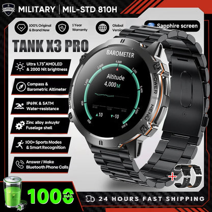 2026 Novo Smartwatch Militar TANK X3 para Homem, Bateria 1000mAh, 10ATM À Prova de Água para Natação, Percurso GPS, Ecrã AMOLED HD de 1.75", Chamadas e Desporto
