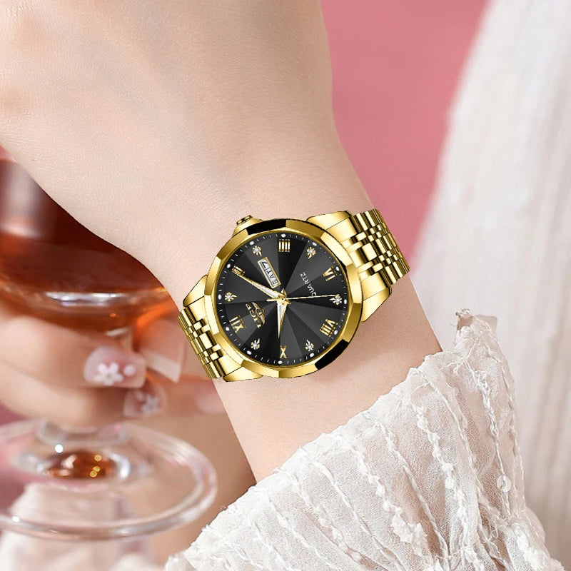Montre-bracelet à quartz pour femme LIGE – Élégante et luxueuse, affichant la date et le jour de la semaine – Montre simple et étanche, idéale comme cadeau pour femme