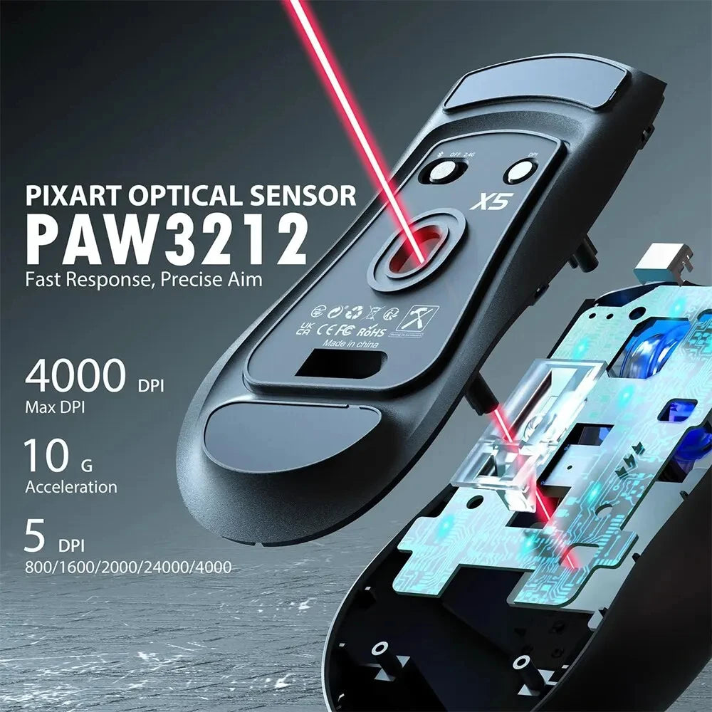 Rato Gaming Sem Fios ATTACK SHARK X5 49g, Bluetooth Tri-Mode, Sensor Ótico PixArt para PC/MAC/Windows