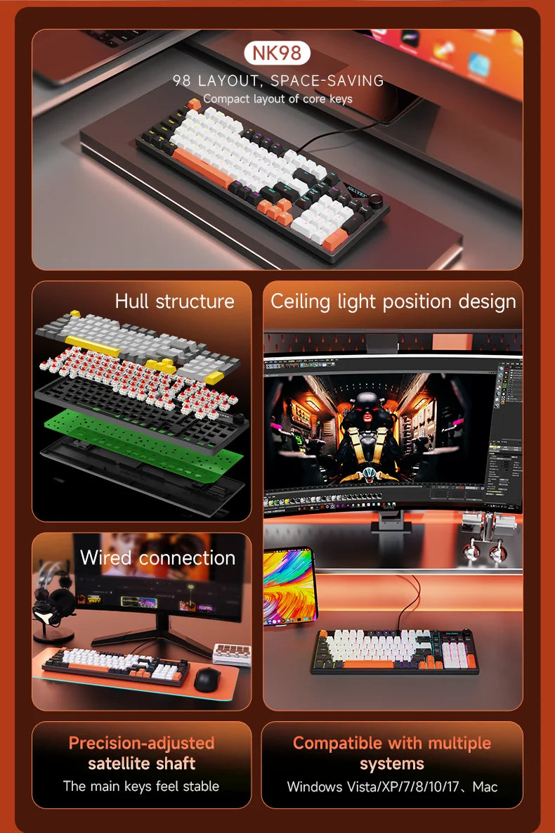 AJAZZ NK98 Wired Mechanical Keyboard: Full-Key Hot-Swap, 98-Key Layout for Precise Performance; Wired, Stable Control, Multi-System Compatibility; Windows Vista/XP/7/8/10/17, Mac: Wired connection for stable control and low latency
