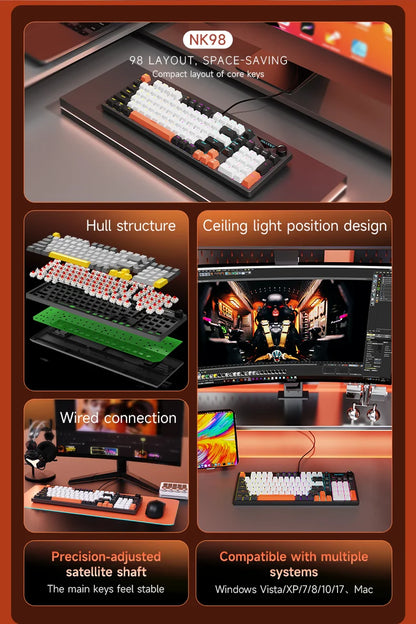 AJAZZ NK98 Wired Mechanical Keyboard: Full-Key Hot-Swap, 98-Key Layout for Precise Performance; Wired, Stable Control, Multi-System Compatibility; Windows Vista/XP/7/8/10/17, Mac: Wired connection for stable control and low latency