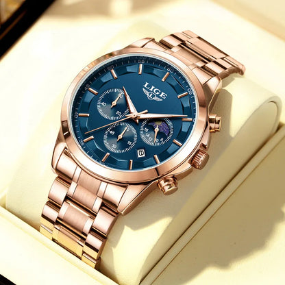 Pánske hodinky LIGE – luxusný quartzový chronograf, vodotesný (3 bary), s luminiscenčnými ručičkami